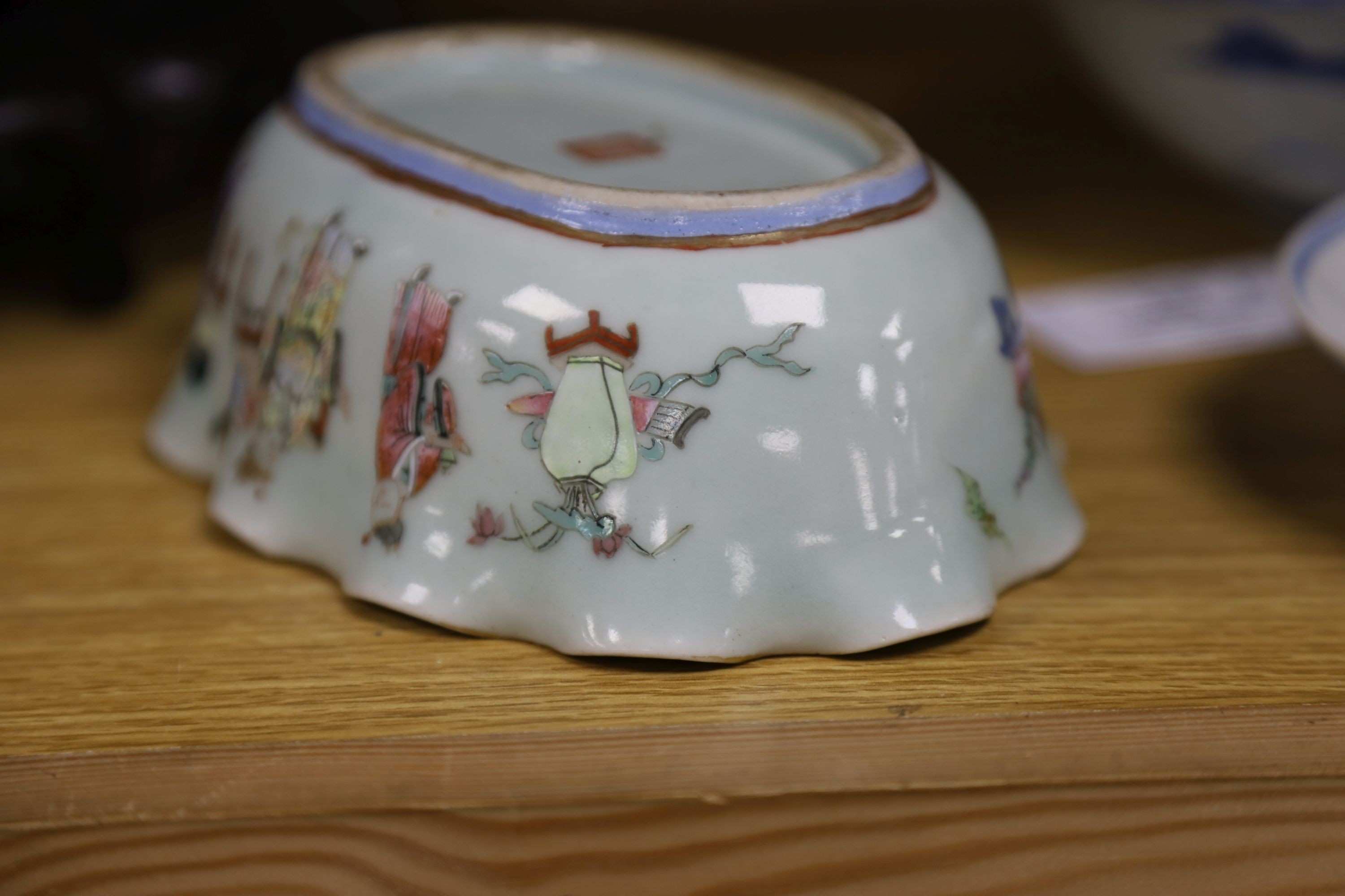 A large early 20th century Chinese cloisonné enamel ‘dragon’ bowl and two Chinese Tongzhi celadon ground famille rose bowls 31cm